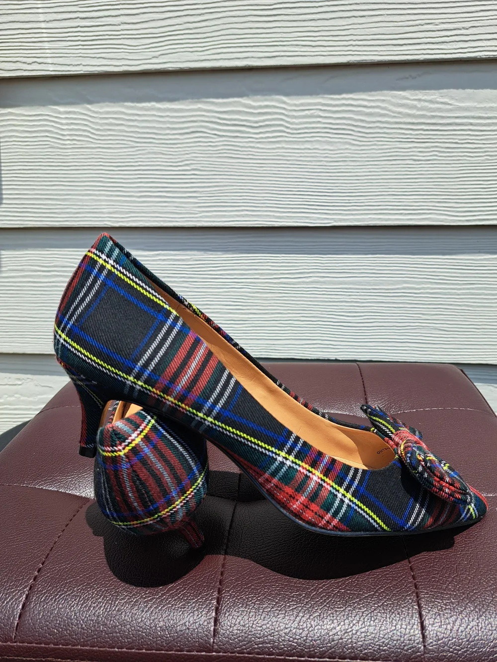 J. CREW Plaid Bow Pointed-Toe Kitten Heel Pumps - Multicolor